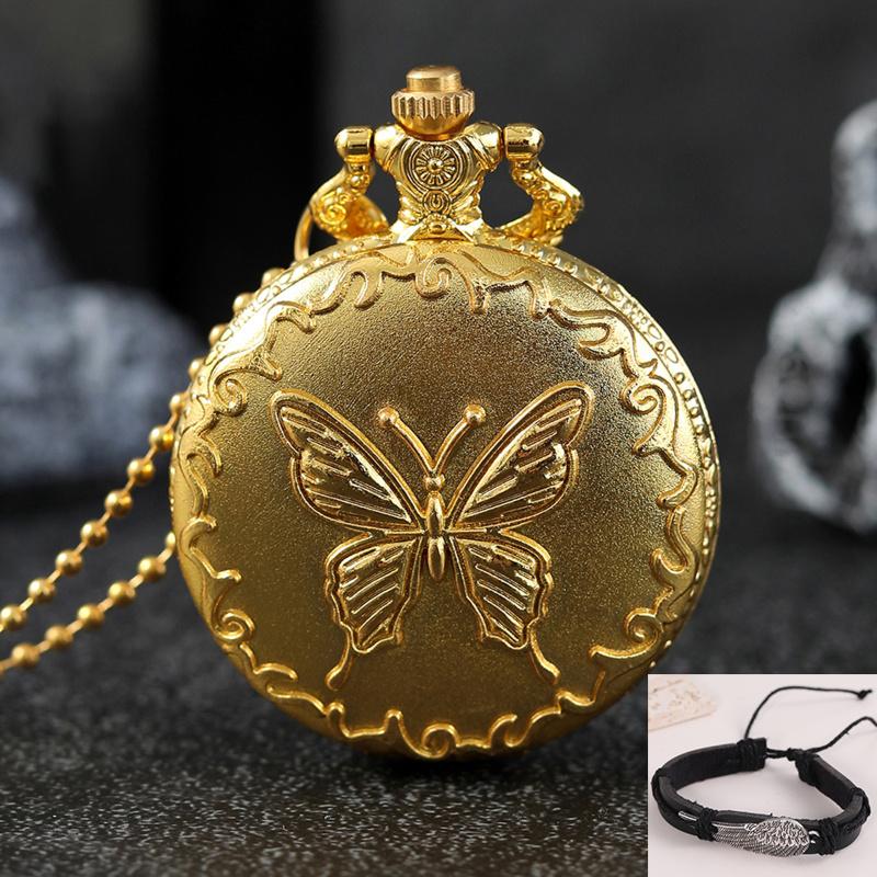 2pcs/set,1PC Exquisite Butterfly Carved Case Design Quartz Pocket Watch & 1PC Fashion Classic Bracelet,ideal Choice for Gifts Men and Women