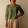 Damen Freizeit Bluse Lockere Passform Rundhals Faltenfront Hemd Dreiviertel Ärmel Leichtes Oberteil für den Alltag