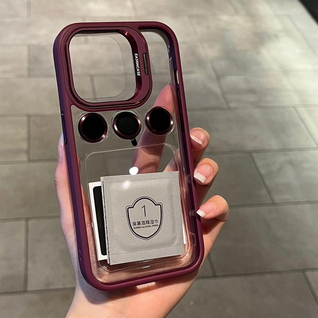 Luxury Bracket Transparent Phone Case For iPhone 17 15 16 14 13 12 Pro Max With Holder Camera Lens Protector Shockproof Cover