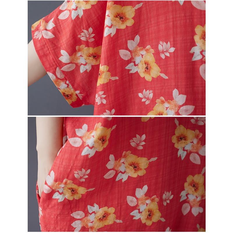 Dimanaf 2025 Plus Size Summer Women Floral Printing Long Dress Short Sleeve Vintage Casual Linen V-Neck Basic Loose Dress