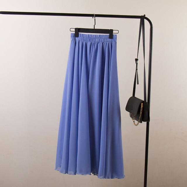 Bohemia Lange Rokken Vrouwen Stretch Hoge Taille Effen Chiffon A-lijn Rok Casual Geplooide Maxi Rok