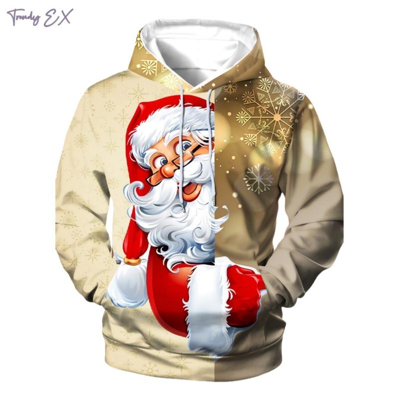 Christmas Sweatshirts for Men 3D Pattern Print Casual Pullover Hoodies Tops Harajuku Street Kangaroo Pocket Long Sleeve Clothing