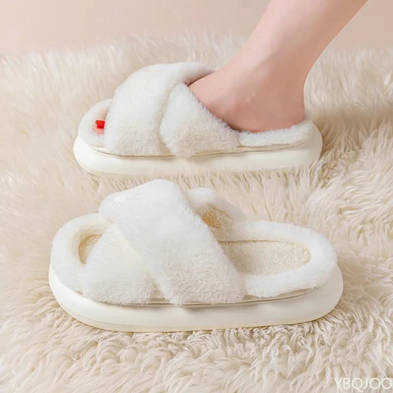 Fashion Popular Winter Plush Cross Strap Women's Cotton Slippers for Indoor Warmth Thick Bottom Anti Slip for Women's Cotton Slippers