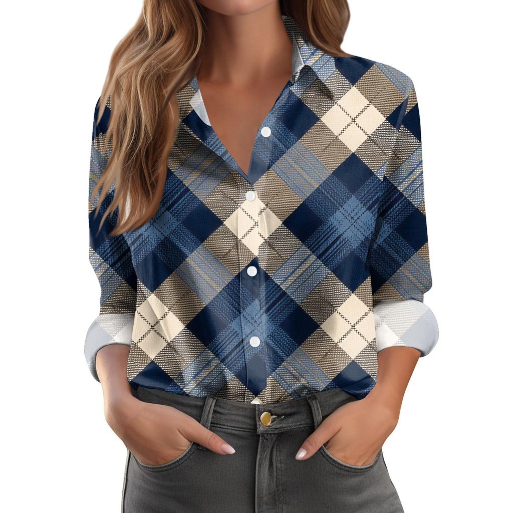 Women's Casual Fashion Plaid Print Half-Open Collar Long Sleeve Shirt