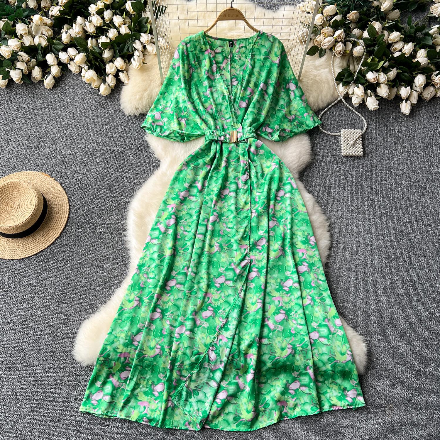

Elegant Vintage V Neck Short Sleeve Split Print Dress Chic Slim Vestidos Summer Vacation Party Women Fashion A-line Dresses One Size зелений