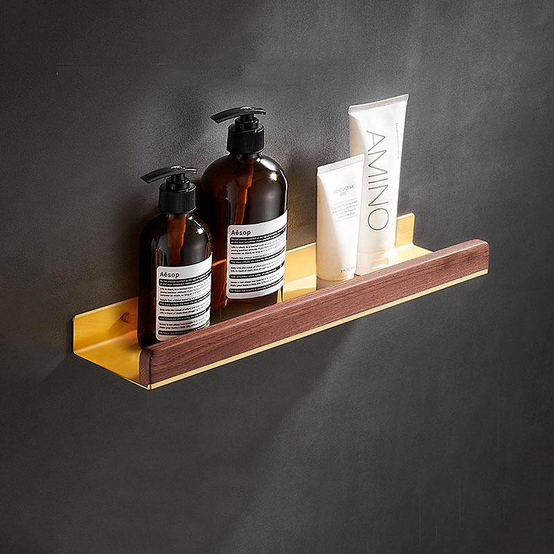 30-50cm Brushed Gold Bathroom Corner Shelf Wall-mounted Shower Room Toilet Walnut Wood Cosmetic Storage Rack with Hook Rod