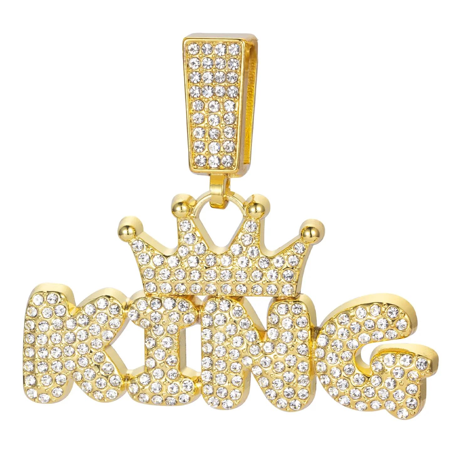 

Men Women Hip Hop Bling KING QUEEN Letter Pendant Necklace 13mm Miami Cuban Link Chain Necklaces Iced Out Charm Fashion Zircon