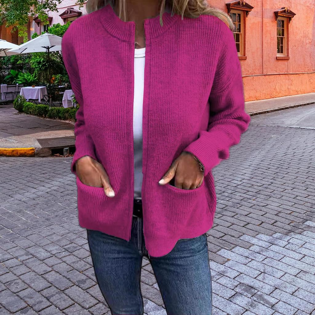 Women's Fashionable Solid Color Long Sleeved Stand Up Collar Zipper Loose Pocket Jacket Casual Jacket