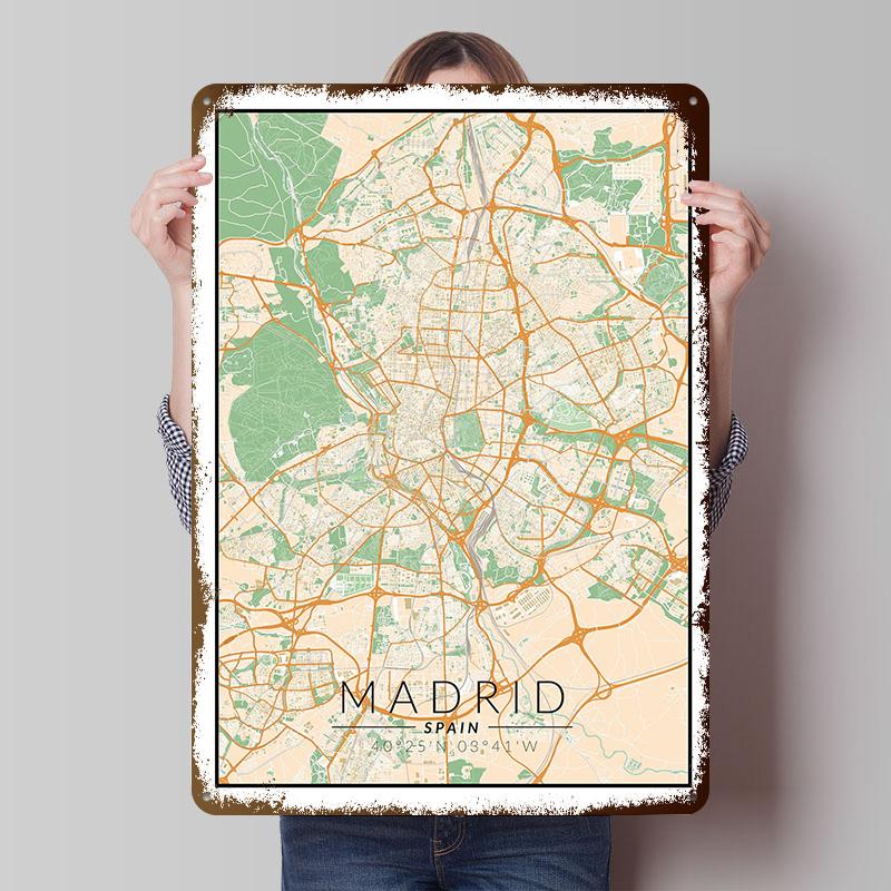 Madrid Map Tinplate Posters Customizable Wall Art Retro Vintage Metal Signs for Home Room Gamer Decoration Gaming Office Decor