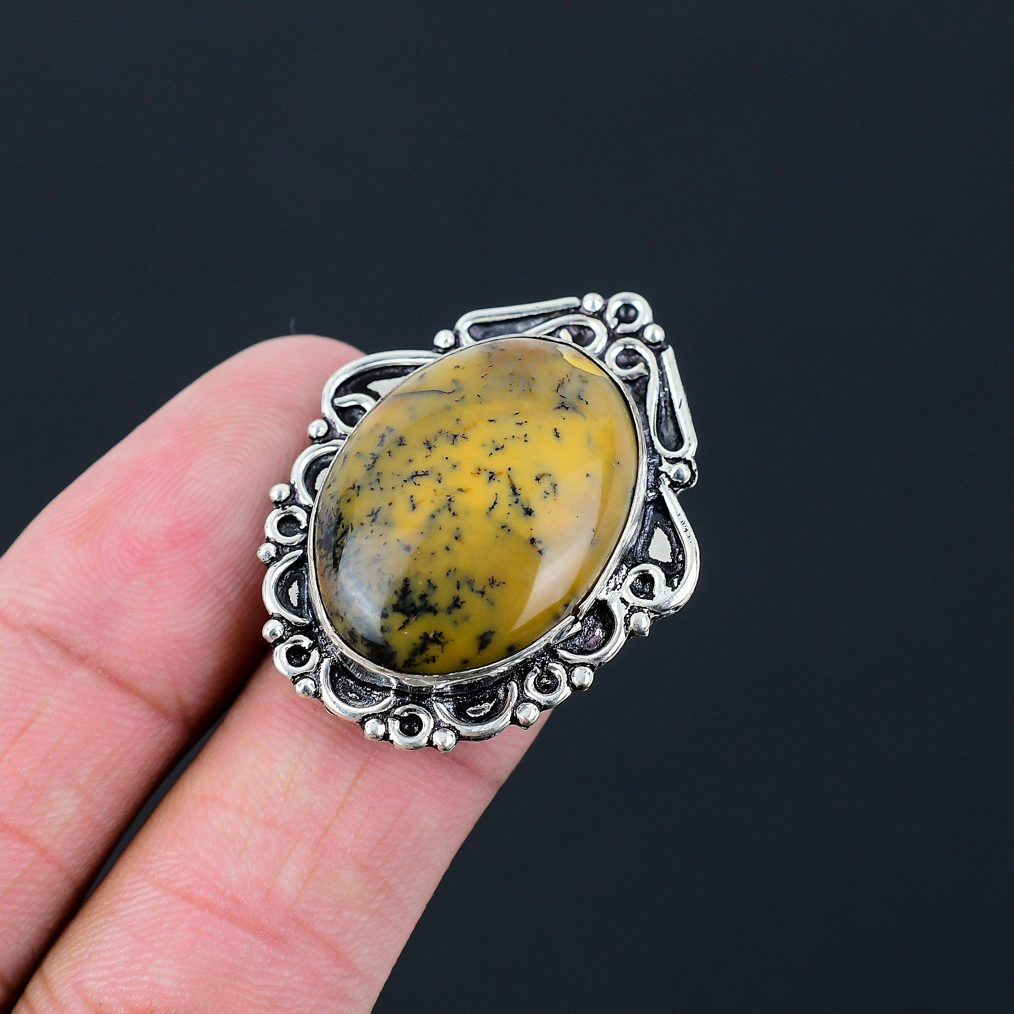 925 Sterling Silver Oval Honey Dendrite Opal Gemstone Mother Promise Ring US 6.5 6.5