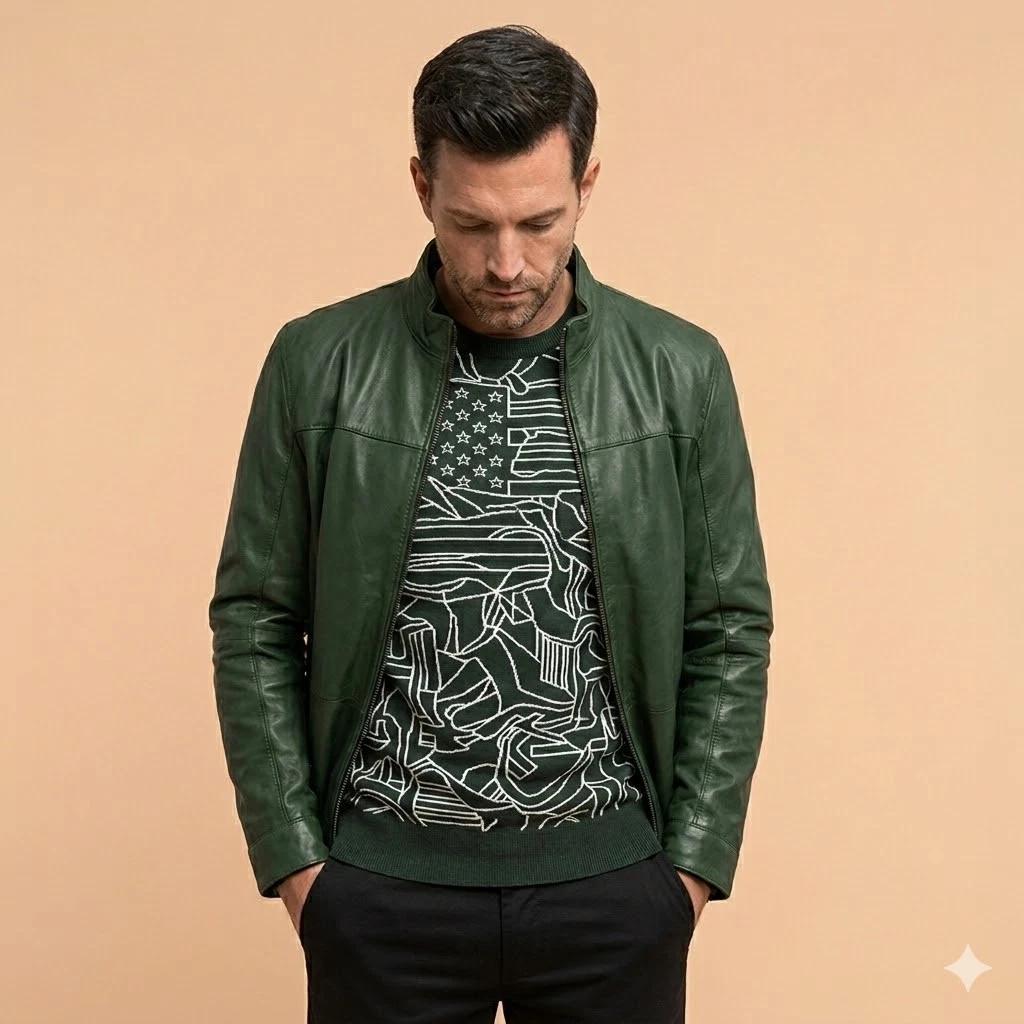 

Men’s Real Casual Stylish Green Lambskin Leather Trendy Biker Jacket Soft Fit S зелёный