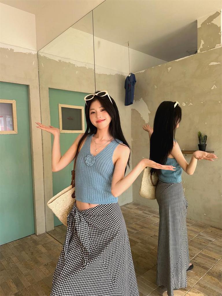 3D Kwiatowy Dekolt w Serek Dzianinowy Bez Rękawów Niebieski Top Tank - Damski Wyszczuplający Letni Design