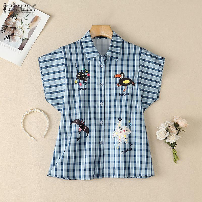 ZANZEA Women Casual Turn Down Collar Short Sleeve Loose Plaid Print Blouse