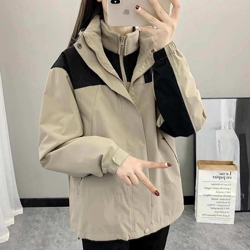 

Ударопрочный в рукавах Уличный Комплект «три в одном» из двух частей Женский Съемный Плюшевый Утепленный Осенне-зимний Свободный Альпинистский Жакет S хаки