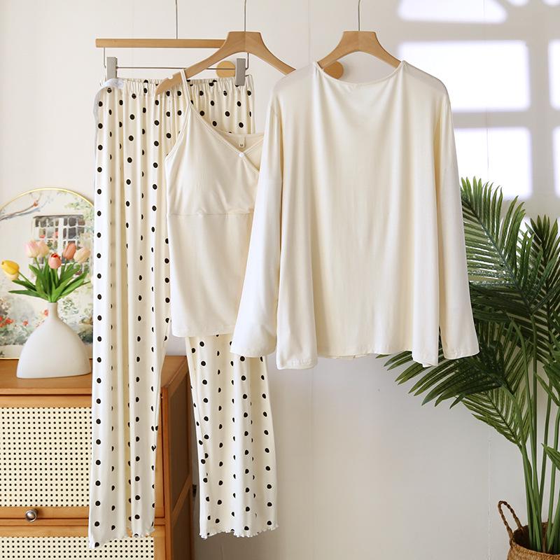 Postpartum Spring/Summer Modal Three-Piece Set: Long Sleeve & Pants for Breastfeeding
