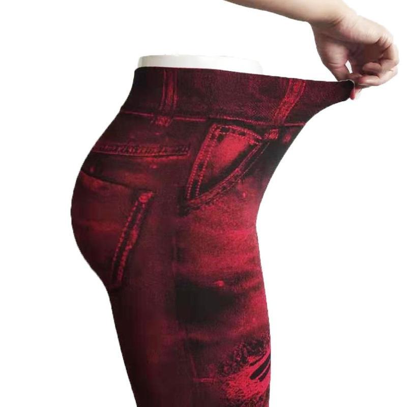Schlanke Damen-Leggings, Faux-Denim-Jeans, hohe Taille, elastische Hosen, Push-Up-Hose