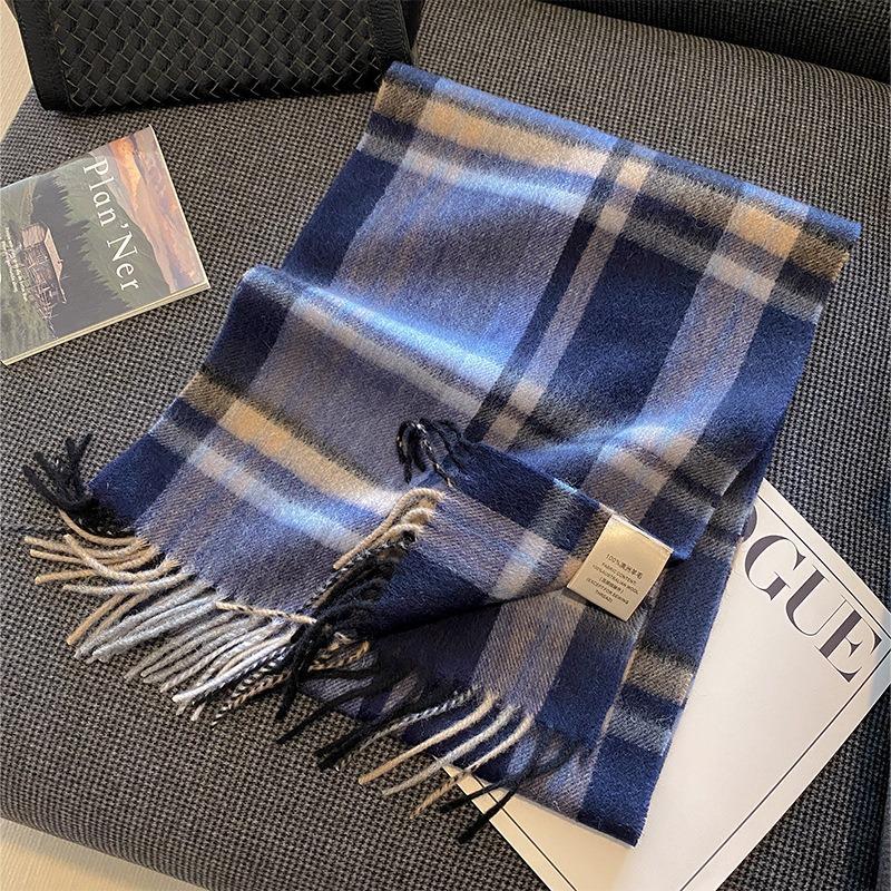 New Wool Warm Scarf for Women in Color Blocked Plaid Scarf Long Tassel Scarf Thickened and Warm