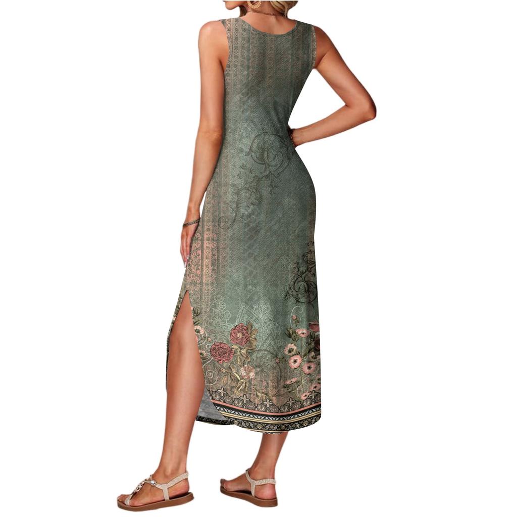 Women's summer long dress, sleeveless with side slits, long retro printed camisole dress