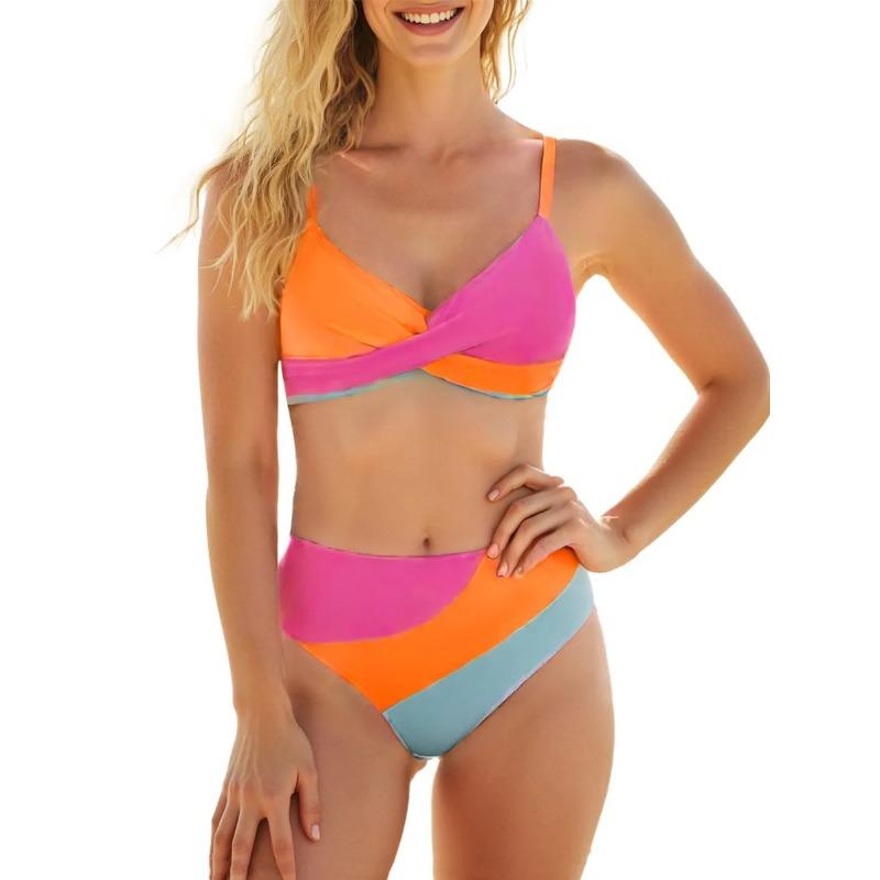 Women 2 Pieces Bikini Set Patchwork V-Neck Sleeveless Tops Thong Bottoms Beach Bathing Suit for Women