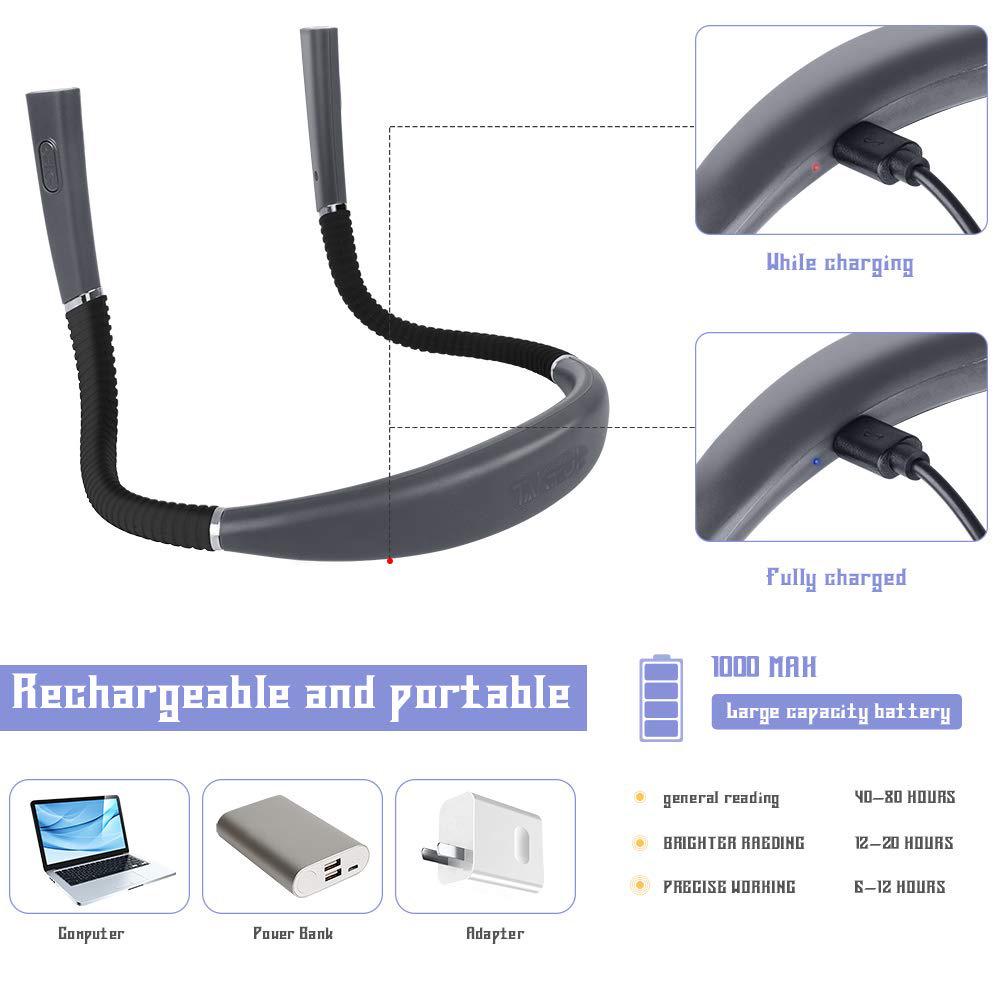 Erhältlich: USB Wiederaufladbares LED Buchlicht, Dreifarbig Einstellbar mit Doppelkopf, Nacken-Hänge-Design zum Lesen bei Nacht.