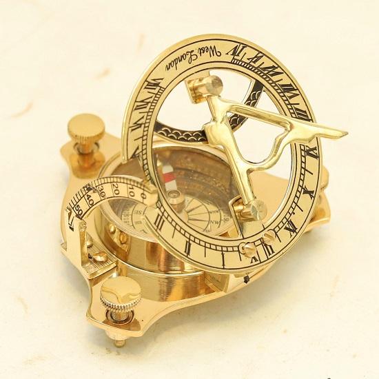 Brass Sundial Compass with Wooden Box  Engraving Gift Nautical Décor Handmade Steampunk Travel Compass
