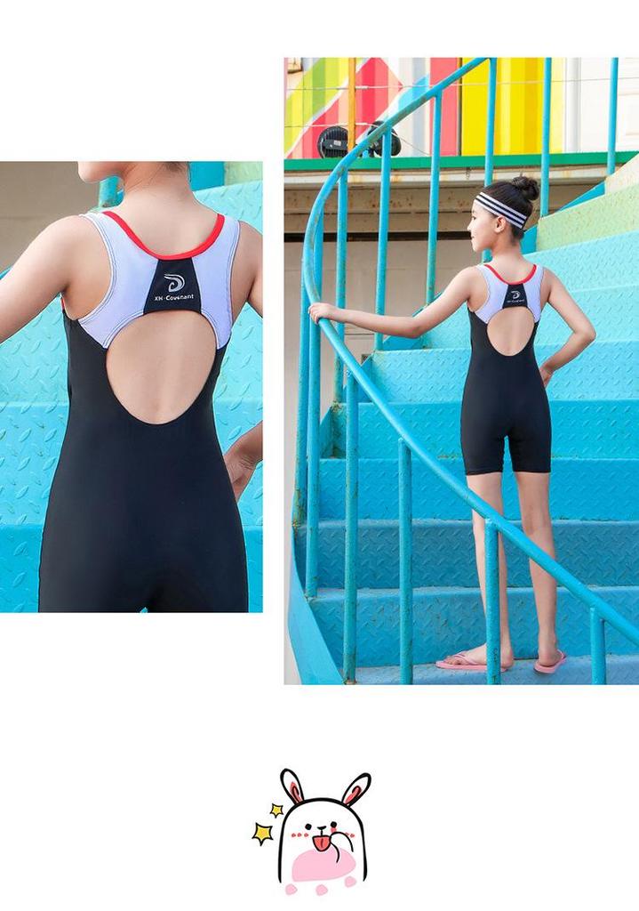 2026 Girls' Solid Color One-Piece Swimsuit with Five-Point Sleeves for Training & Competition