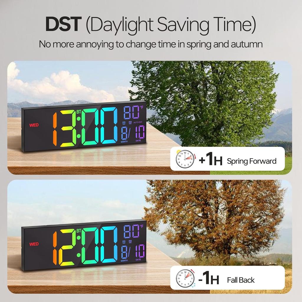 JALL 16.2" Large Digital Wall Clock with Seconds, Bluetooth Sync, Alarm Big LED, RGB Color, DST Temperature for Classroom Bedroom Garage Gym, Mount,