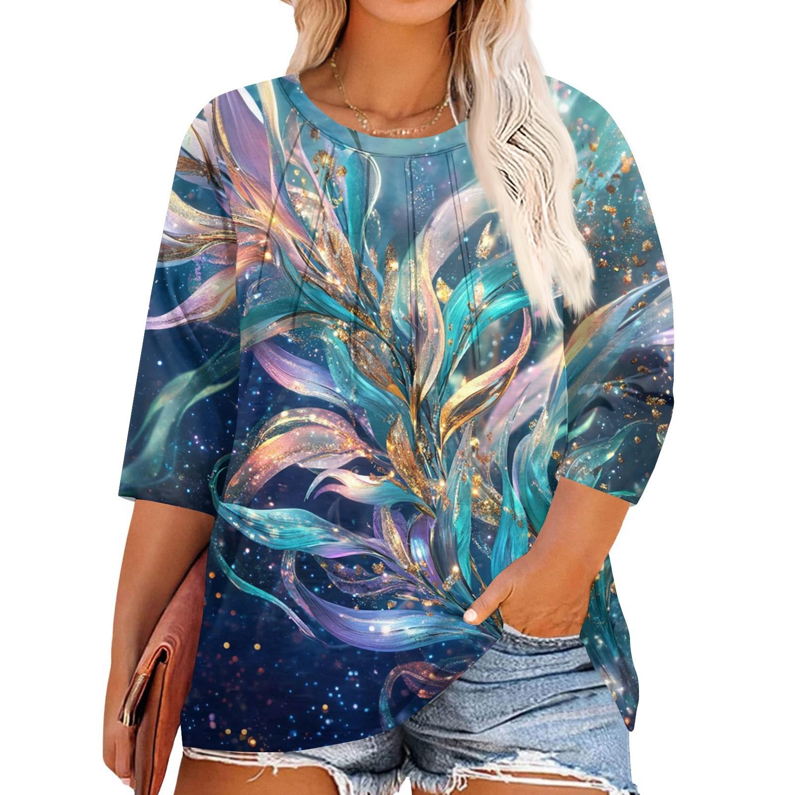 

Женские топы с принтом и круглым вырезом больших размеров, рукава 3/4, элегантные рубашки XXL