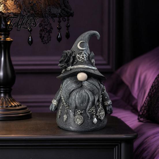 Witch-themed Display Wizard Hat Faceless Gnome Figurine, Mystical Home Decor Statue with Crescent Pentagram Black Rose Study Desk Ornament Rune