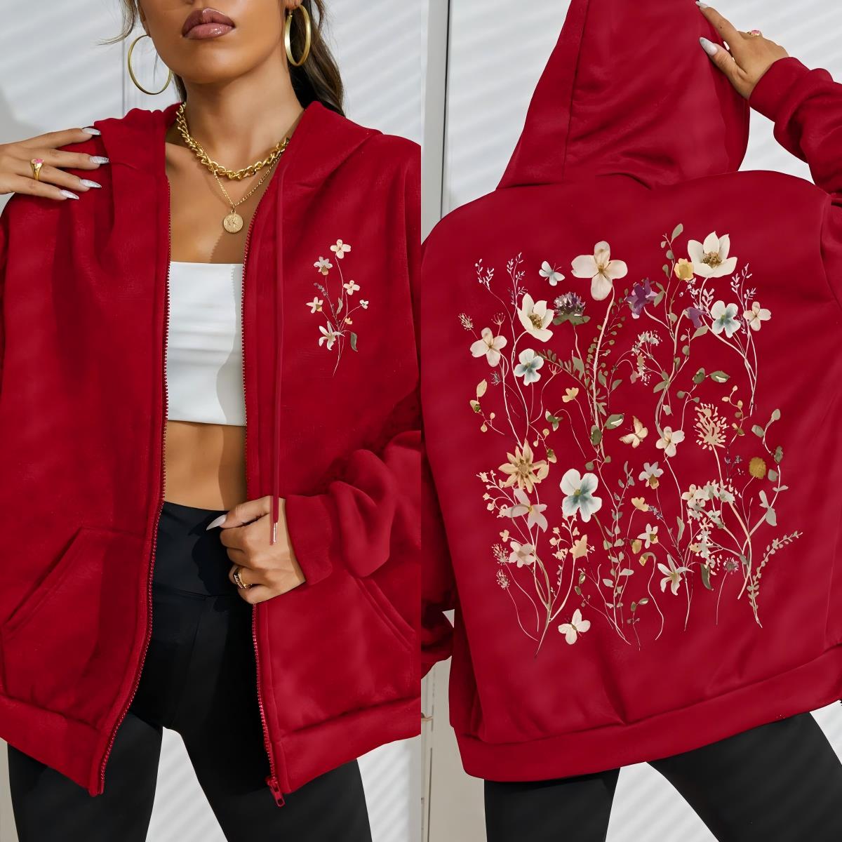 

Beautiful Flower Clusters Printing Women Zipper Hoodie Vintage All-Match Hoodies Street Streetwear Autumn Tracksuit S