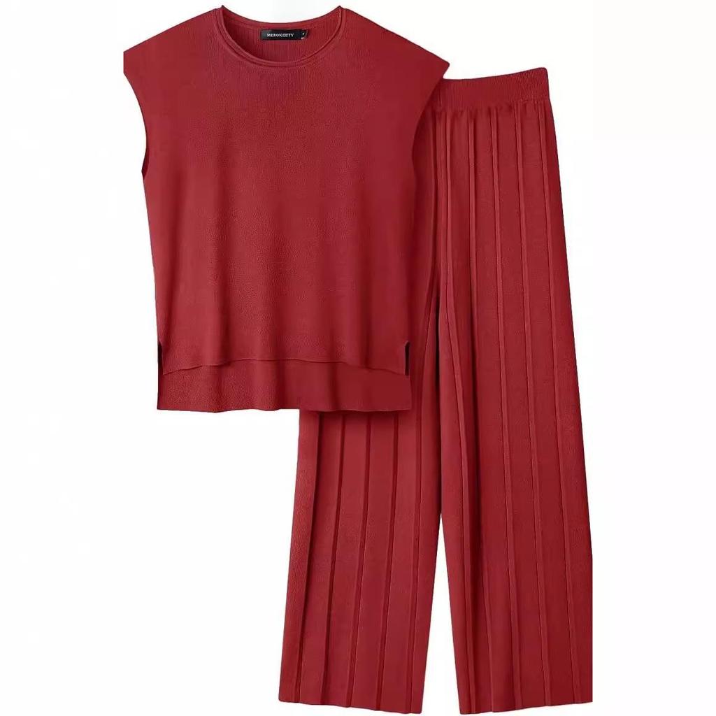 2026 Solid Color Knit Set: Sleeveless Top & Wide-Leg Crop Pants, Slim Fit, Round Neck
