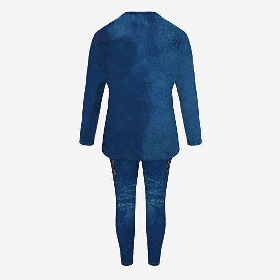 Dam 2-delade Outfits med Falskt Denimtryck Långärmade Toppar Bodycon Leggings Byxset Sexiga Festkläder Träningsdräkt