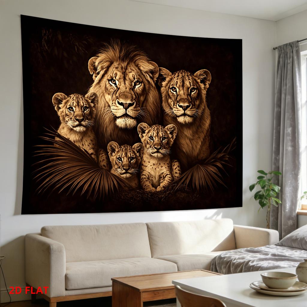 Majestic Lion Family Tapestry Lion Pride with Cubs in Jungle Wall Hanging Wild Animal Room Decor suitable offices bars party