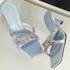 Luxury Rhinestone Open Toe Heeled Shoes Woman Satin Square Toe Designer Women Sandals Fashion Elegant Thin Heeled Slide Sandals
