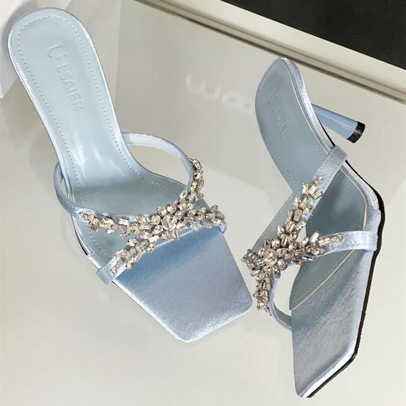 Luxury Rhinestone Open Toe Heeled Shoes Woman Satin Square Toe Designer Women Sandals Fashion Elegant Thin Heeled Slide Sandals