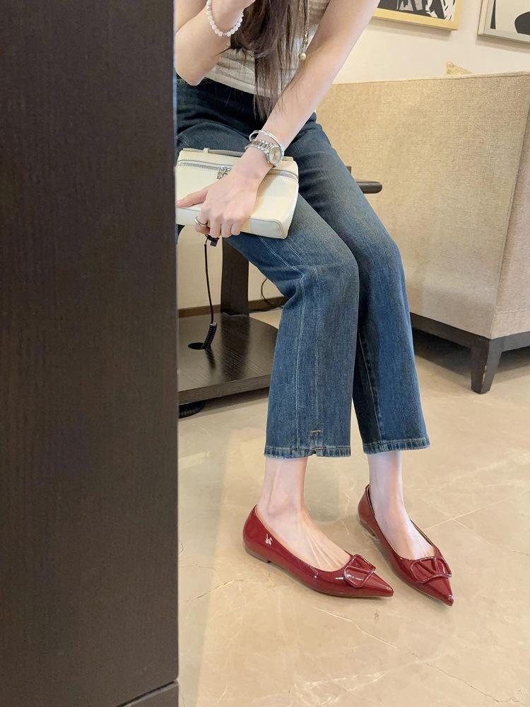 

Овчина~ туфли-лодочки V-образная пряжка телесные балетки с открытым вырезом темперамент знаменитости плоский каблук банкетные туфли-одиночки женские 40