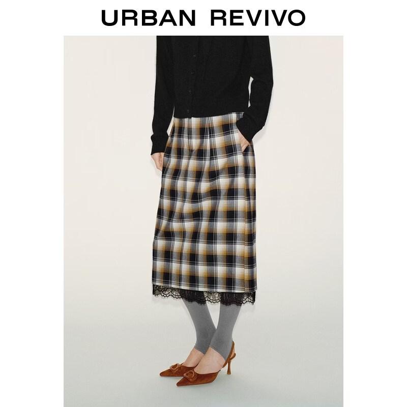 UR2026 Women s Trendy Color-block Plaid Lace Patchwork Skirt XS