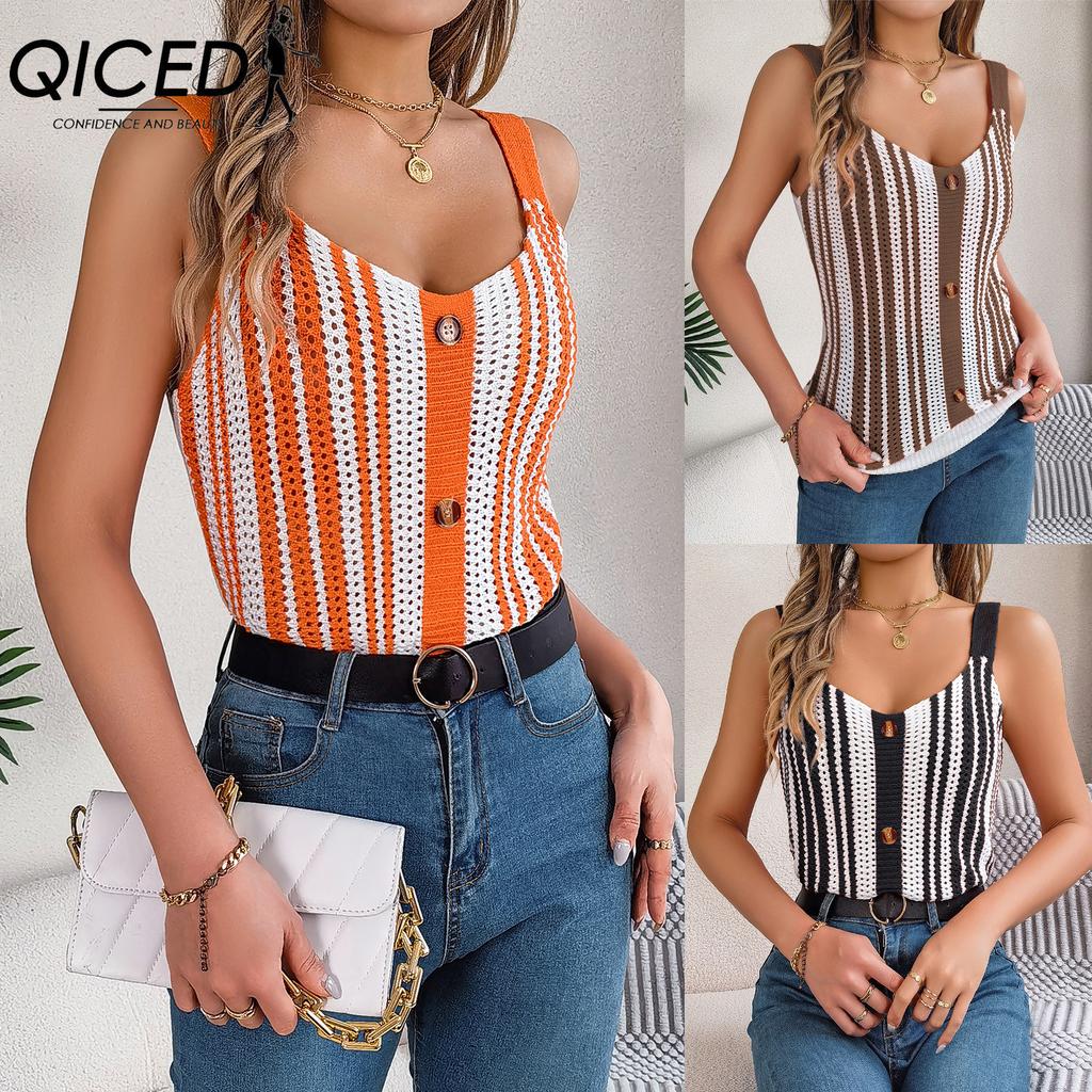 QICED Spring Summer V-neck Button Contrasting Color Cut-out Knitted Sweater Vacation Halter Top Women's Wear