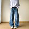 Blue Plaid Pants Men's Summer Thin Wide-leg Jeans American Vibe Non-stick Leg Straight Micro-pull Pants