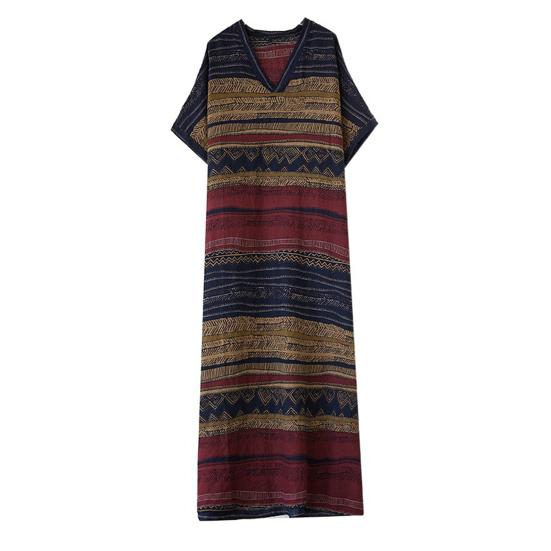 Plus Size Cotton Linen Maxi Dress for Women Loose V-Neck Short Sleeve
