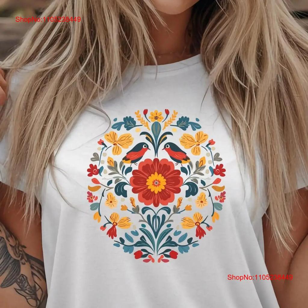 Floral Folk Art Birds T Shirt Colorful Bohemian Flower Design Vibrant Nature Inspired for Free Spirited Boho Fashion Lovers