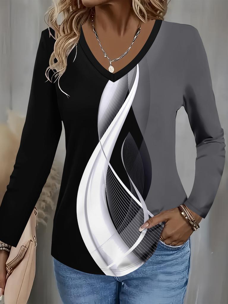 Summer New Fashion Women's Casual Long-sleeved Top Printed T-shirt