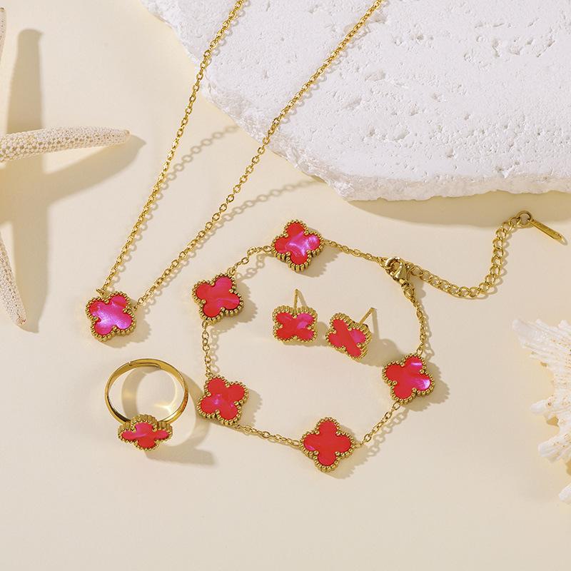 4PCS 13MM Double-Sided Mother-of-Pearl Lucky Four-Leaf Clover Bracelet, Earrings and Ring Four-Piece Women's Jewelry Set
