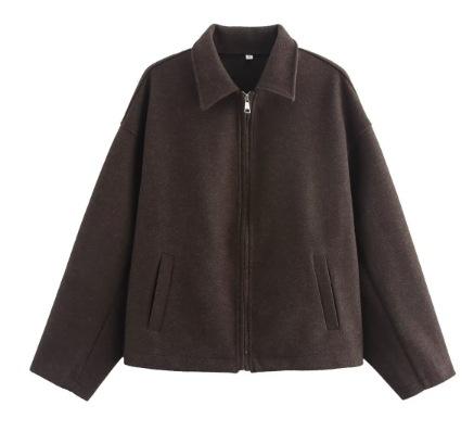 European and American Women's Clothing Popular Retro Brown Zipper Long-sleeved Short Jacket