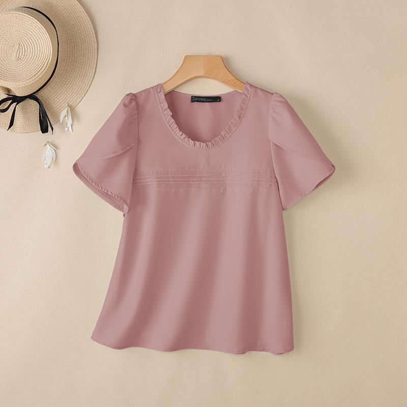 ZANZEA Women Casual Round Neck Summer Short Sleeve Blouse