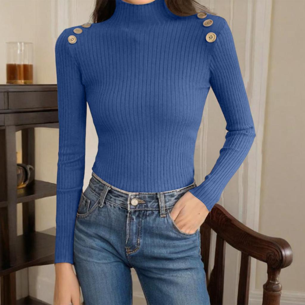Women's Fashion Slim Button Top Half Turtleneck Knitted Bottoming Shirt