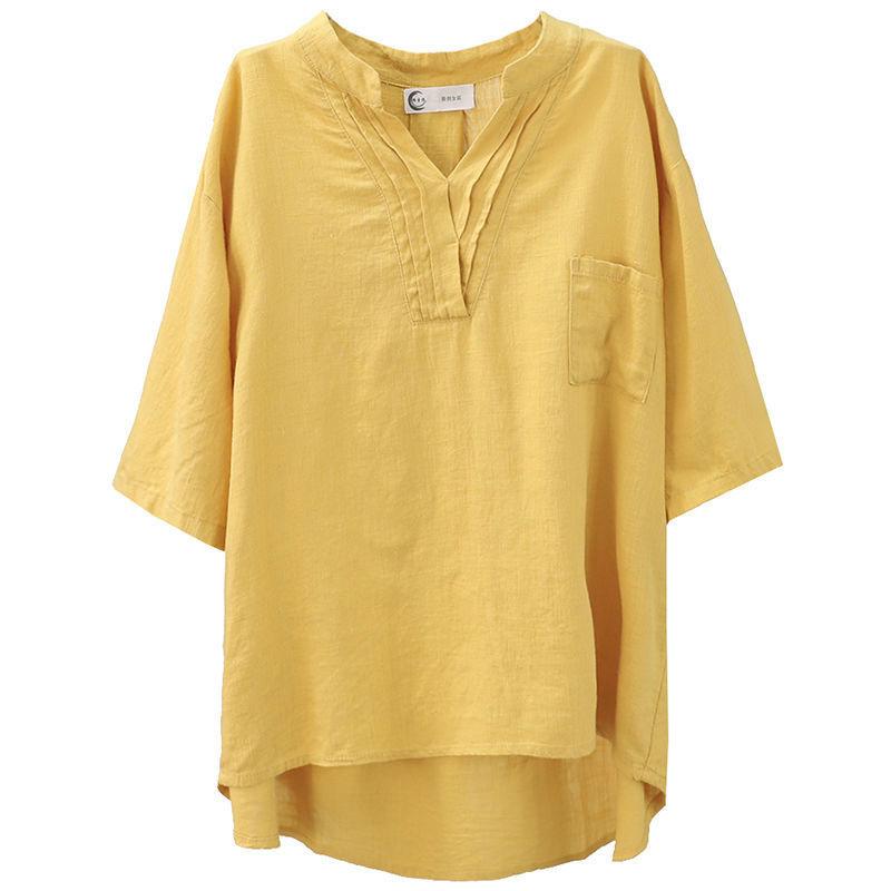 Literary and Retro Summer New V-neck Cotton and Linen Top Showing Thin Temperament Short-sleeved T-shirt Women's Loose and Casual