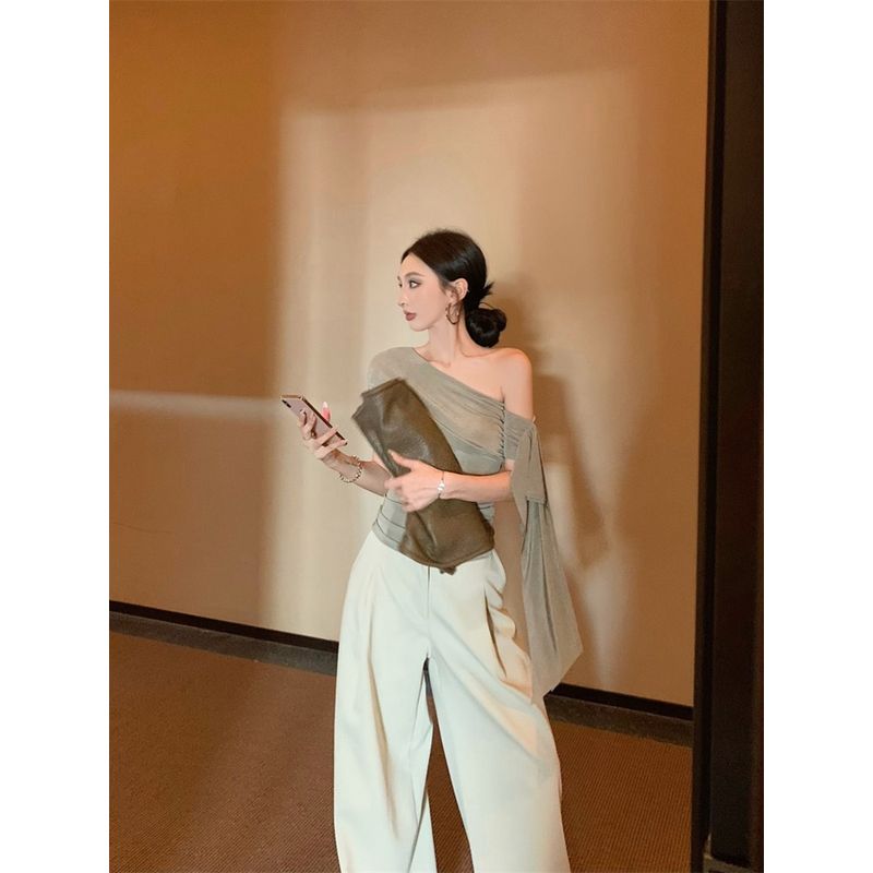 Kumikumi Pure Desire Style Sloping Shoulder Slim Fit Slimming T-shirt Women Summer Elegant High Waist All-Match Casual Pants Two-piece Set