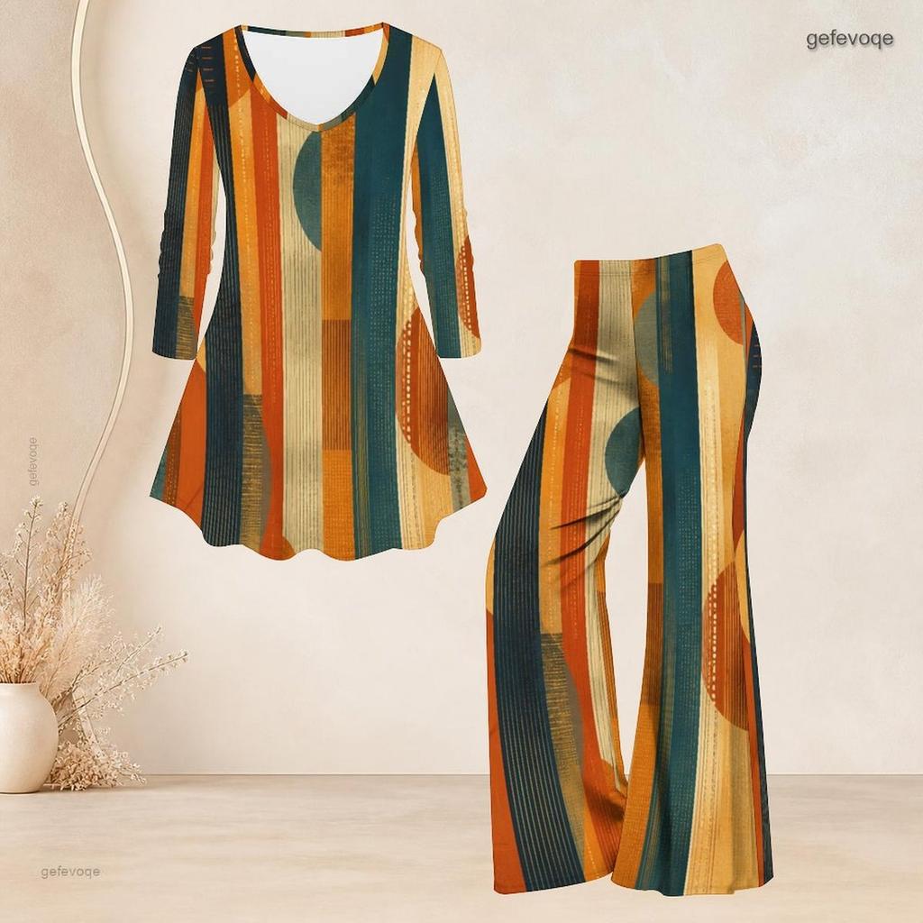 Women Plus Size Round Neck Three Quarter Sleeve Printed Flared Top Flared Pants Two Piece Set
