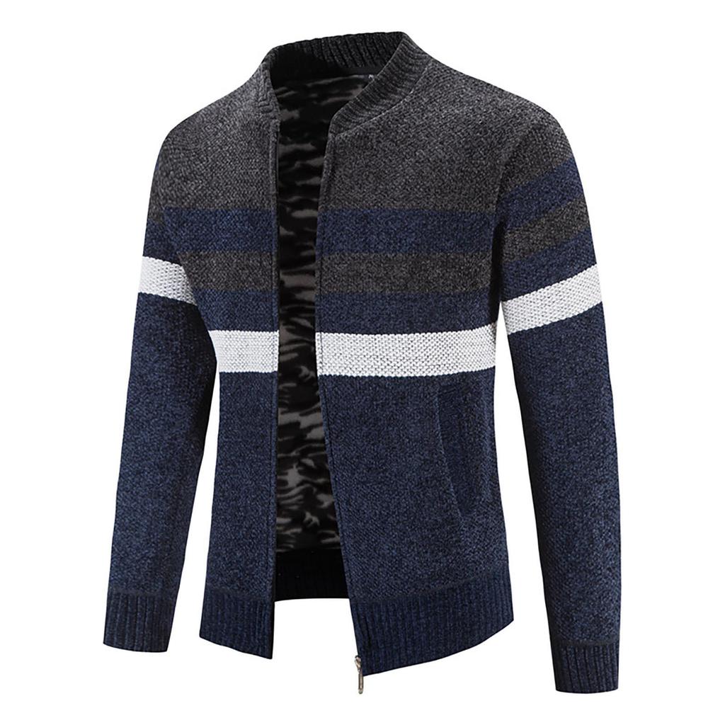 Color Blocked Cardigan Sweater Men's Plush Thickened Casual Knitting Coat